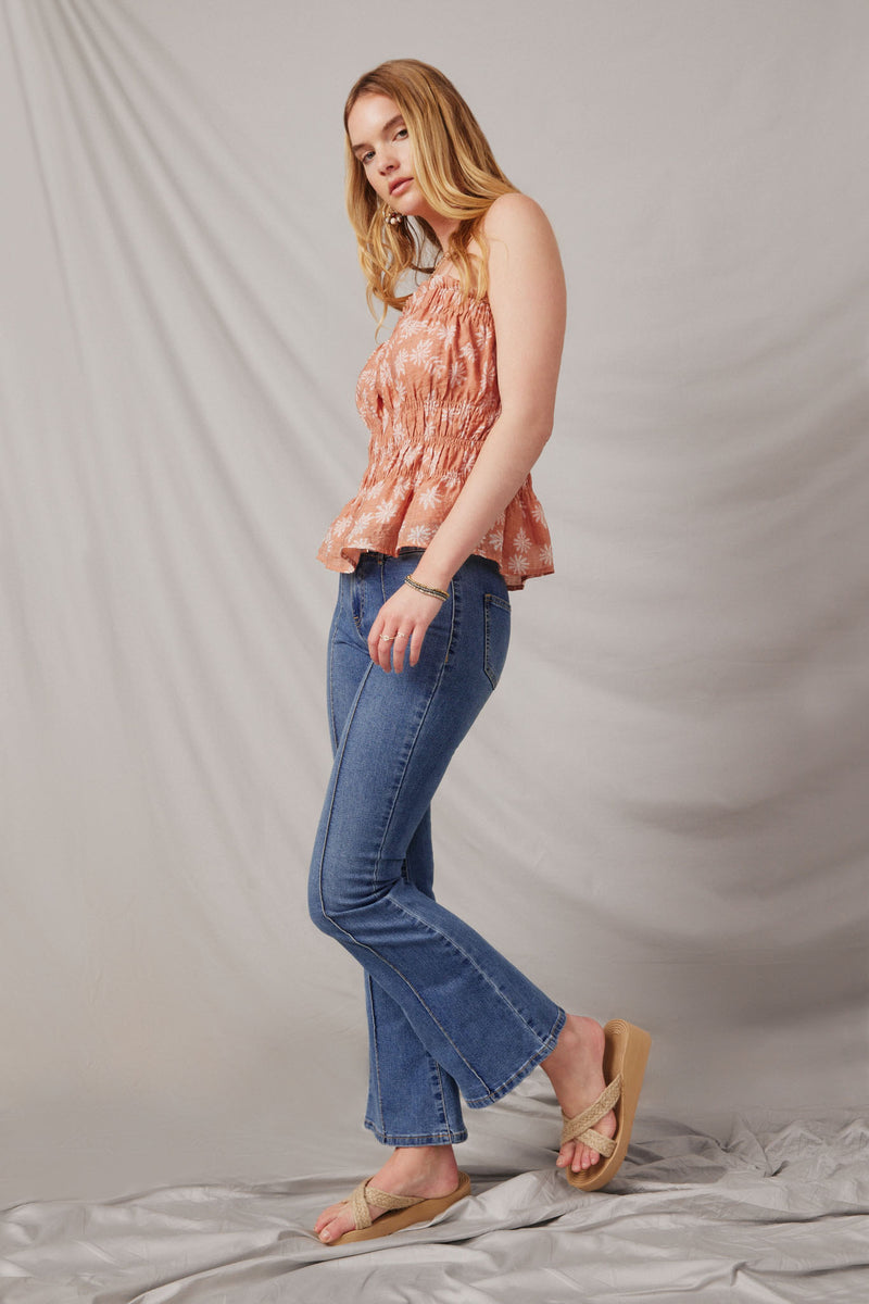 HY6851 Blush Womens Textured Botanical Print Smocked Handkerchief Tank Pose