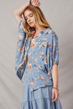 HY6863 Blue Womens Textured Floral Print Short Sleeve Dolman Top Side