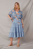 HY6863 Blue Womens Textured Floral Print Short Sleeve Dolman Top Full Body