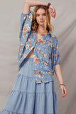 HY6863 Blue Womens Textured Floral Print Short Sleeve Dolman Top Front