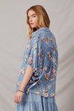 HY6863 Blue Womens Textured Floral Print Short Sleeve Dolman Top Side