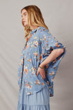 HY6863 Blue Womens Textured Floral Print Short Sleeve Dolman Top Side  2