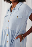 HY6879 Blue Womens Textured Button Down Collared Dress Detail