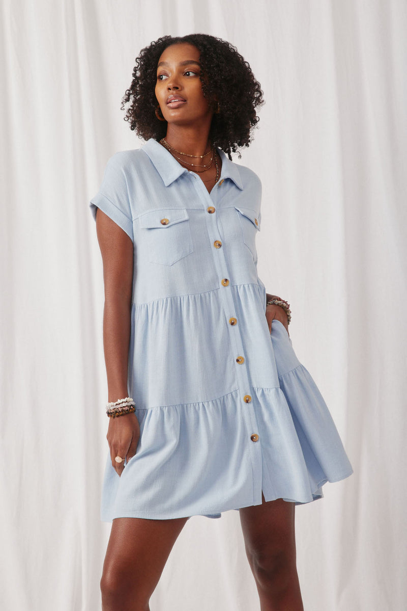 HY6879 Blue Womens Textured Button Down Collared Dress Front