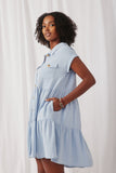 HY6879 Blue Womens Textured Button Down Collared Dress Side