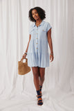 HY6879 Blue Womens Textured Button Down Collared Dress Full Body