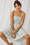 HY6884 Mint Womens Polka Dot Tie Strap Smocked Dress Pose