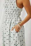 HY6884 Mint Womens Polka Dot Tie Strap Smocked Dress Detail