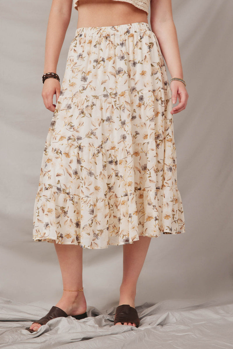 HY6908 Ivory Women Floral Tiered Chiffon Skirt Front