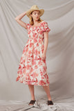 HY6914 Red Womens Floral Smocked Square Neck Dress Full Body