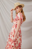 HY6914 Red Womens Floral Smocked Square Neck Dress Side
