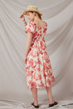 HY6914 Red Womens Floral Smocked Square Neck Dress Back