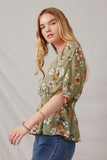 HY6927 Sage Women Floral Smocked Waist V Neck Dolman Side