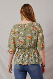 HY6927 Sage Women Floral Smocked Waist V Neck Dolman Back