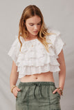 HY6936 Off White Women Ruffle Tiered Floral Eyelet Square Neck Top Front