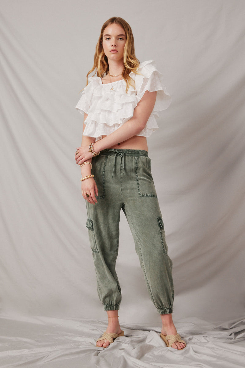 HY6936 Off White Women Ruffle Tiered Floral Eyelet Square Neck Top Full Body