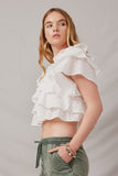 HY6936 Off White Women Ruffle Tiered Floral Eyelet Square Neck Top Side