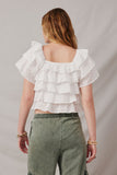HY6936 Off White Women Ruffle Tiered Floral Eyelet Square Neck Top Back