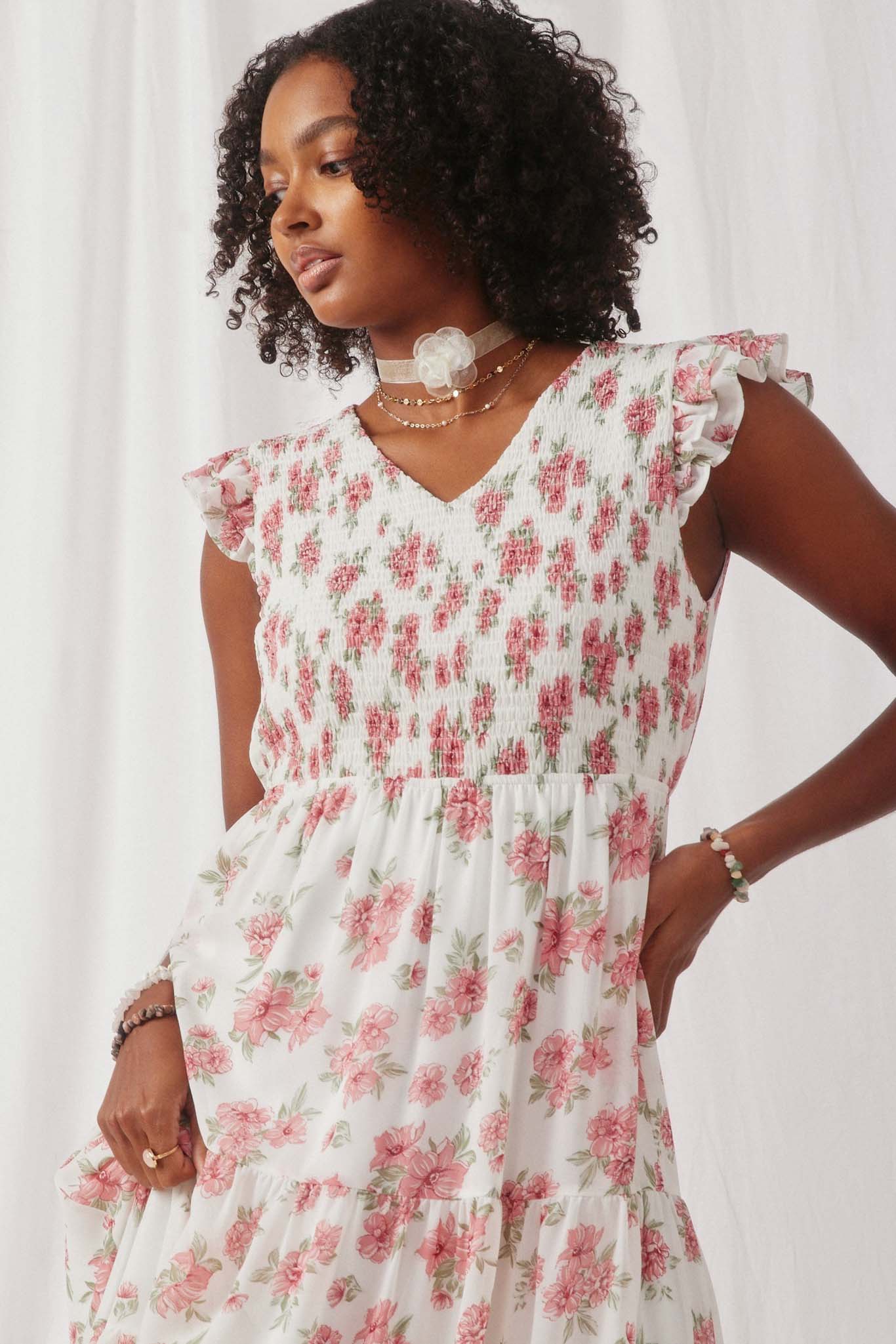 floral chiffon tank dress Womens Floral Smocked Dress