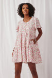 HY6939 Pink Womens Button Detail Textured Floral Dress Front