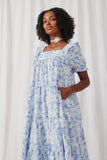 HY6942 Blue Mix Womens Textured Floral Ruffle Detail Dress Front