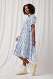HY6942 Blue Mix Womens Textured Floral Ruffle Detail Dress Side