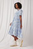 HY6942 Blue Mix Womens Textured Floral Ruffle Detail Dress Side