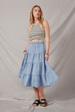 HY6950 Light Denim Womens Tiered Button Front Tencel Skirt Full Body