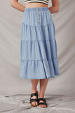 HY6950 Light Denim Womens Tiered Button Front Tencel Skirt Front