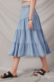 HY6950 Light Denim Womens Tiered Button Front Tencel Skirt Side