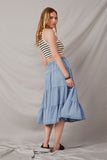 HY6950 Light Denim Womens Tiered Button Front Tencel Skirt Pose