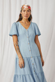 HY6951 Light Denim Womens Button Front Side Smocked Denim Tencel Dress Front