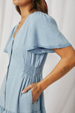 HY6951 Light Denim Womens Button Front Side Smocked Denim Tencel Dress Detail