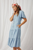 HY6951 Light Denim Womens Button Front Side Smocked Denim Tencel Dress Pose