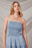 HY6956 Light Denim Womens Smocked Tiered Skirt Denim Tencel Mini Dress Front