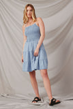 HY6956 Light Denim Womens Smocked Tiered Skirt Denim Tencel Mini Dress Full Body