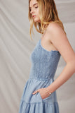 HY6956 Light Denim Womens Smocked Tiered Skirt Denim Tencel Mini Dress Side