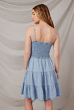 HY6956 Light Denim Womens Smocked Tiered Skirt Denim Tencel Mini Dress Back