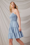 HY6956 Light Denim Womens Smocked Tiered Skirt Denim Tencel Mini Dress Post
