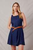 HY6959 Dark Denim Womens Smocked And Stitch Detail Denim Tencel Dress Front