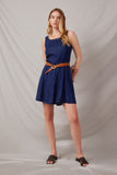 HY6959 Dark Denim Womens Smocked And Stitch Detail Denim Tencel Dress Front Body