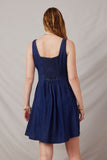 HY6959 Dark Denim Womens Smocked And Stitch Detail Denim Tencel Dress Back