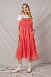 HY6963 Red Womens Ditsy Floral Ruffle Bodice Chiffon Dress Front