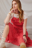 HY6963 Red Womens Ditsy Floral Ruffle Bodice Chiffon Dress Pose 2