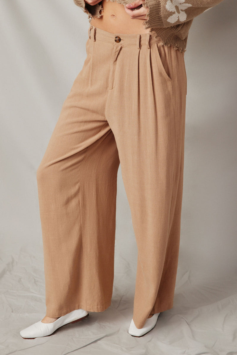 HY6969 Taupe Womens Pleat Detail Textured Wideleg Pants Front