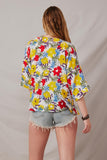 HY6990 Yellow_Mix Womens Vivid Floral Contrast Stitch Linen Blend Kimono Back
