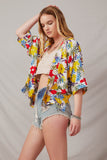 HY6990 Yellow_Mix Womens Vivid Floral Contrast Stitch Linen Blend Kimono Side