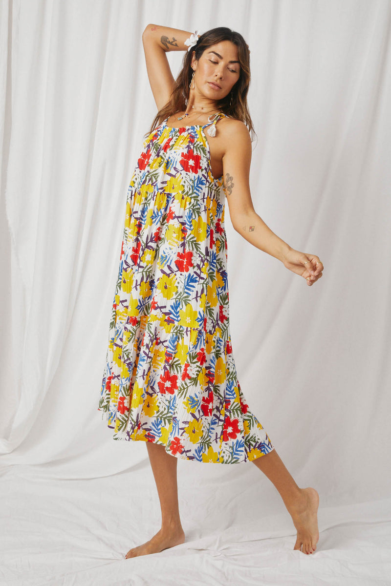 HY6991 Yellow Mix Womens Vivid Floral Tassel Shoulder Tie Linen Blend Dress Pose