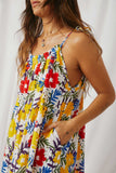 HY6991 Yellow Mix Womens Vivid Floral Tassel Shoulder Tie Linen Blend Dress Detail