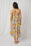 HY6991 Yellow Mix Womens Vivid Floral Tassel Shoulder Tie Linen Blend Dress Back